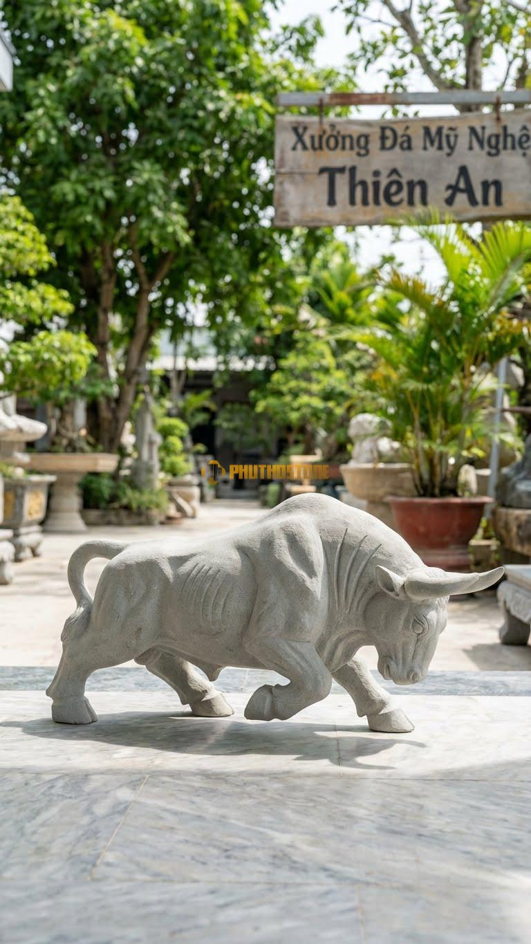 Bò Tót Tây Ban Nha Bằng Đá Sa Thạch, Kiểu Dáng Lao Tới Phía Trước. Kích Thước Dài 35cm.