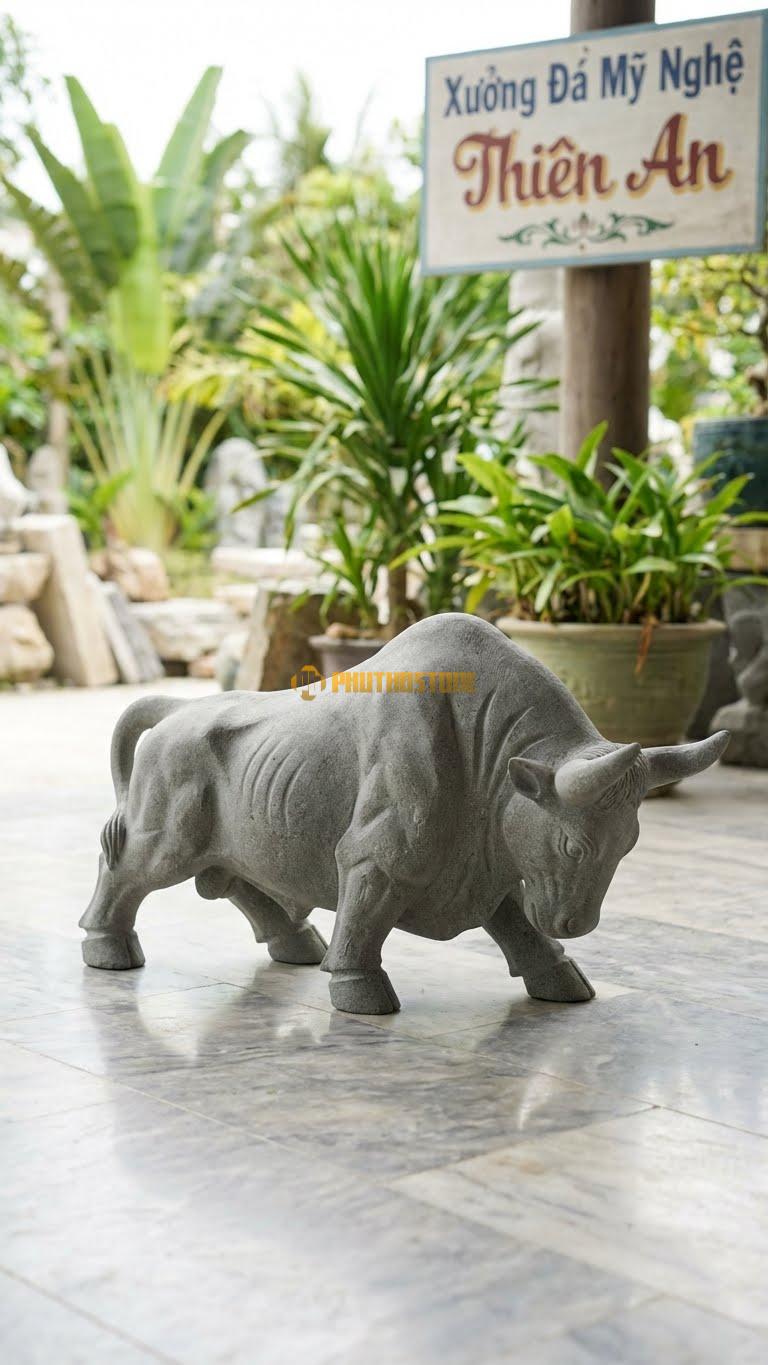 Bò Tót Tây Ban Nha Bằng Đá Sa Thạch, Kiểu Dáng Lao Tới Phía Trước. Kích Thước Dài 35cm.