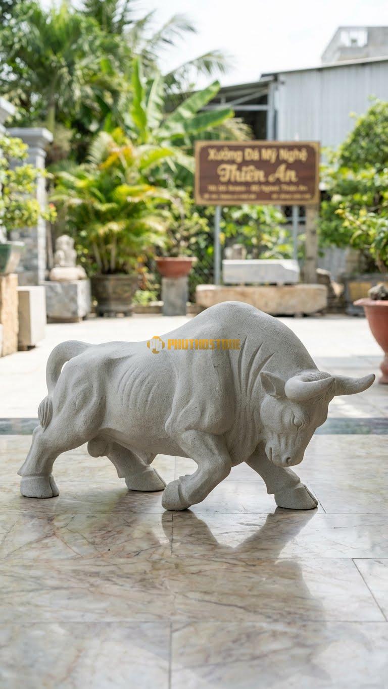 Bò Tót Tây Ban Nha Bằng Đá Sa Thạch, Kiểu Dáng Lao Tới Phía Trước. Kích Thước Dài 35cm.