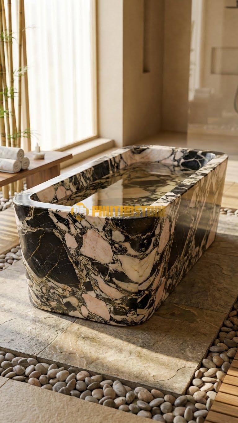 Bồn tắm Đá Da Báo Hình Thúng: Tròn thấp, phình giữa, kích thước Đk 130cm x Cao 55cm