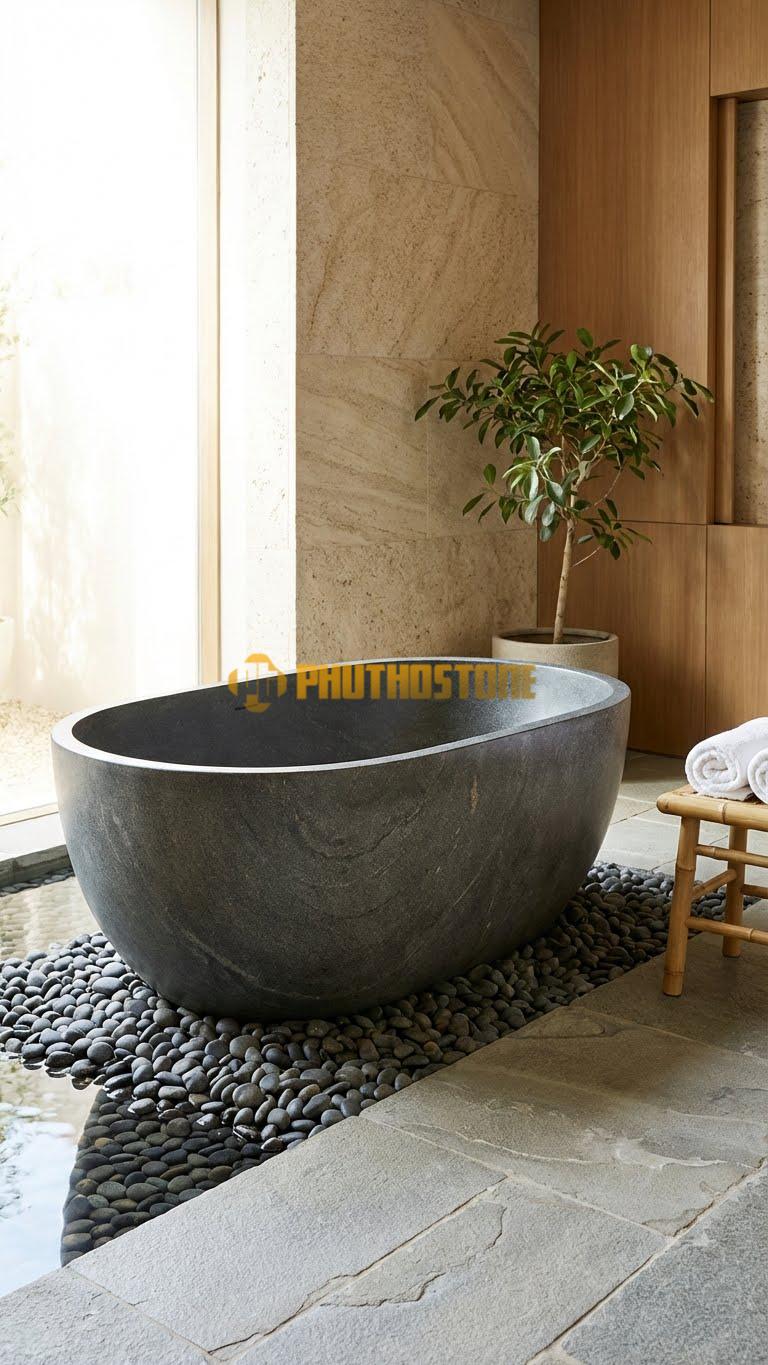 Bồn tắm Đá Granite Chân Yếm Rời: Bồn đặt trên đế đá riêng biệt, kích thước tổng thể 170x80x70cm