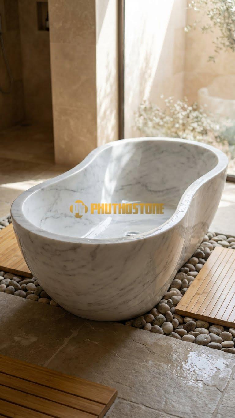 Bồn tắm Đá Trắng Xanh Dáng Tự Do (Free-form): Uốn lượn ngẫu nhiên, kích thước trung bình 180x90x60cm