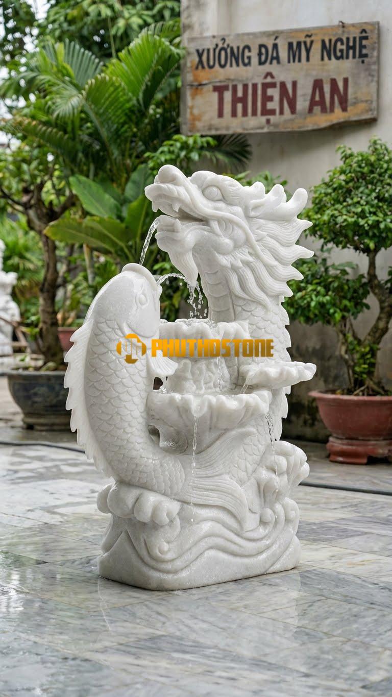 Cá Chép Hóa Rồng Đá Cẩm Thạch Cao 2.5M. Chất Liệu Đá Trắng Muối