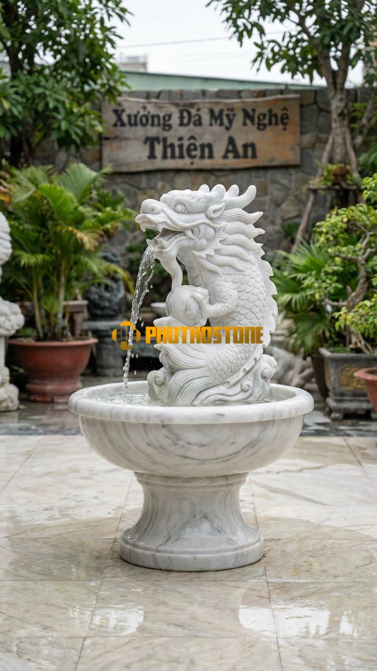 Cá Chép Hóa Rồng Đá Cẩm Thạch Cao 2.5M. Chất Liệu Đá Trắng Xanh