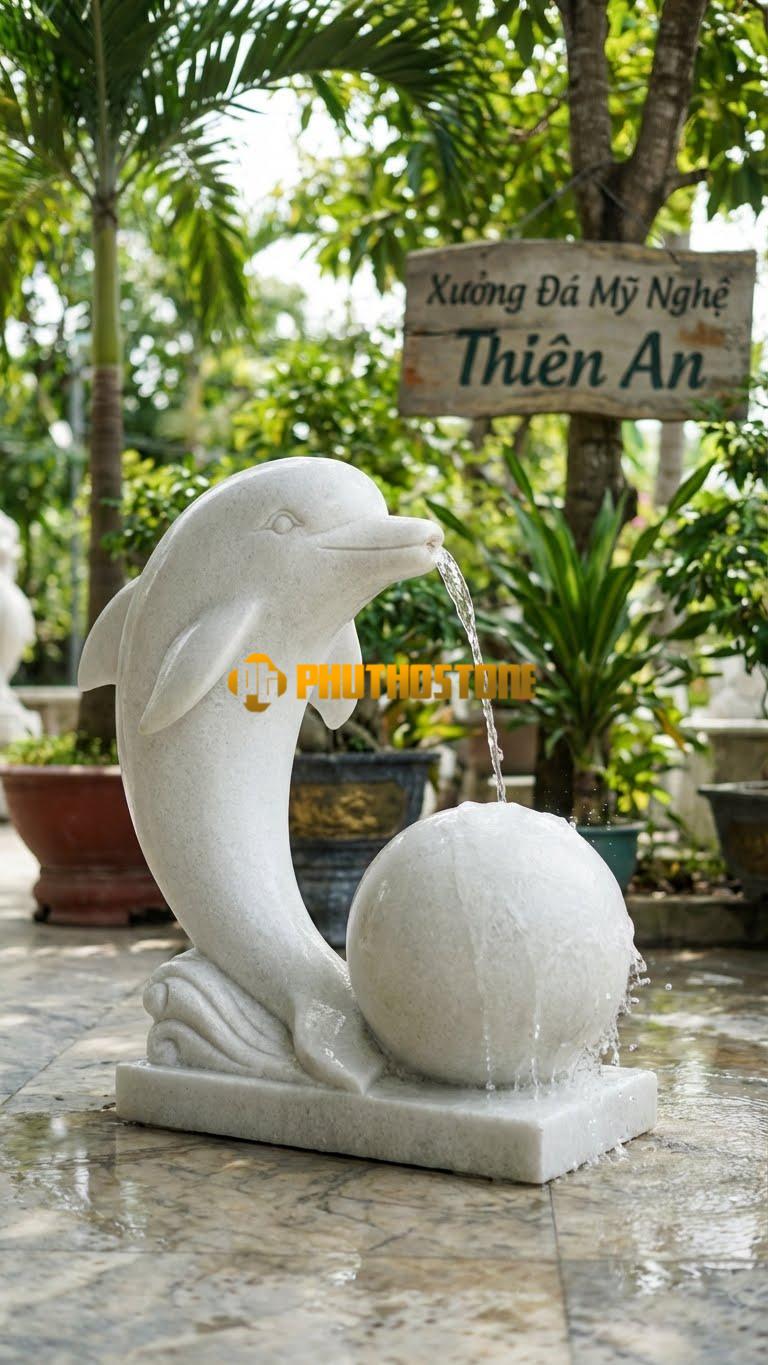 Cá Heo Đá Bóng Phun Nước Công Viên C1.4M. Chất Liệu Đá Trắng Muối