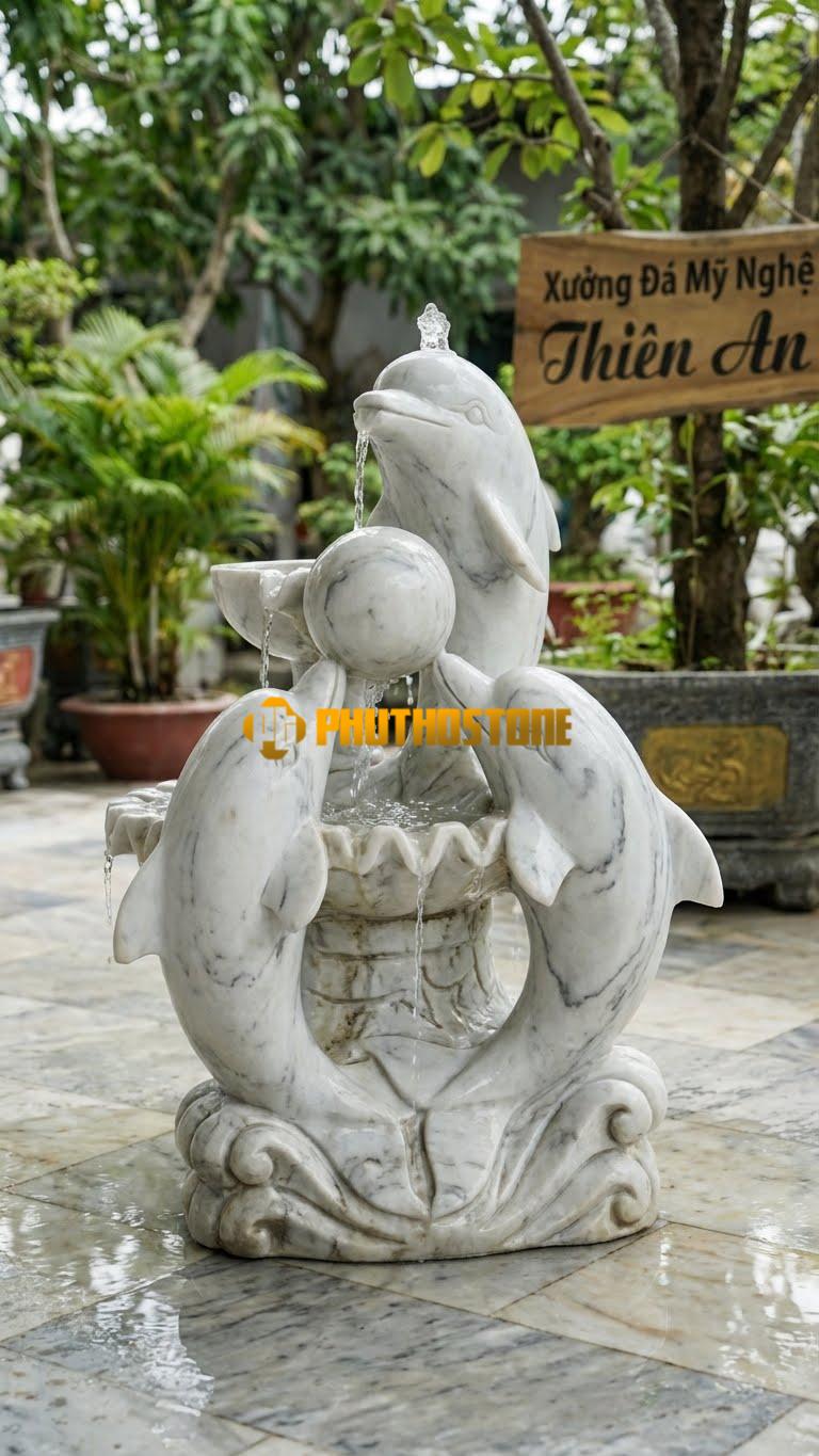 Cá Heo Đá Bóng Phun Nước Công Viên C1.4M. Chất Liệu Đá Trắng Xanh