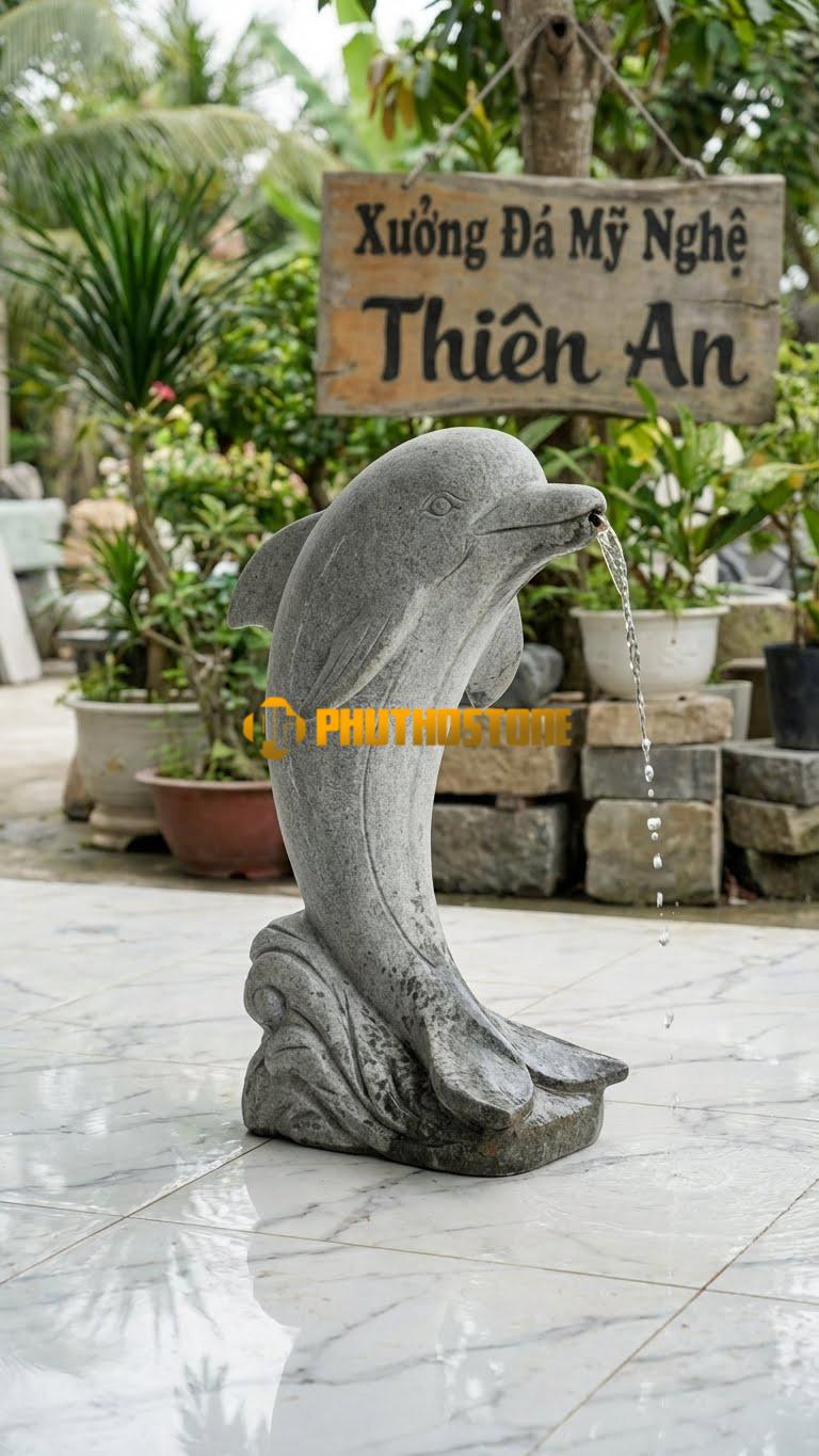 Cá Heo Đá Granite Xám Phun Nước Hồ Bơi C1.2m. Chất Liệu Đá Trắng Xanh