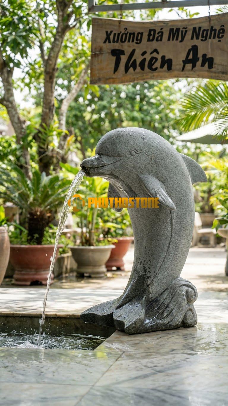 Cá Heo Đá Granite Xám Phun Nước Hồ Bơi C1.2m. Chất Liệu Đá Xanh Ấn