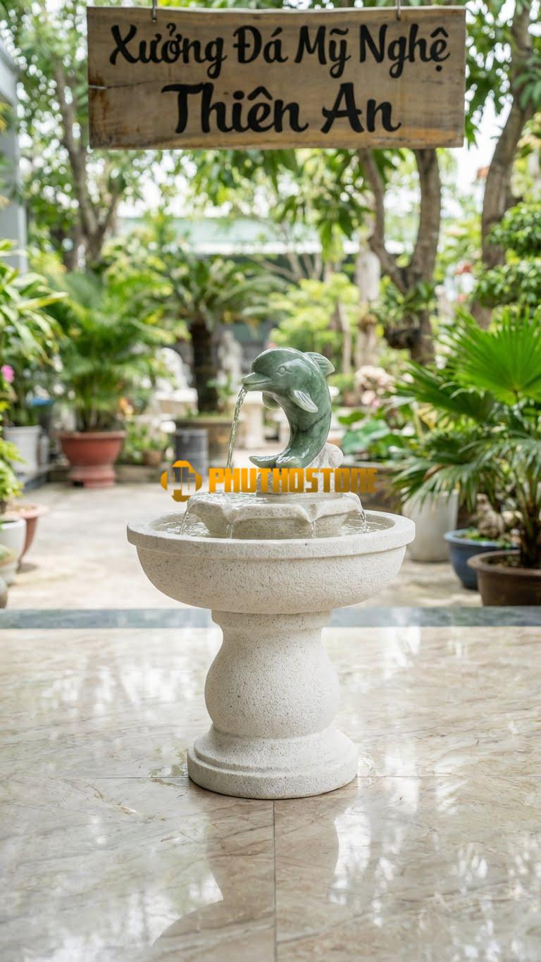 Cá Heo Đá Ngọc Xanh Mini Phun Nước C80cm. Chất Liệu Đá Trắng Muối