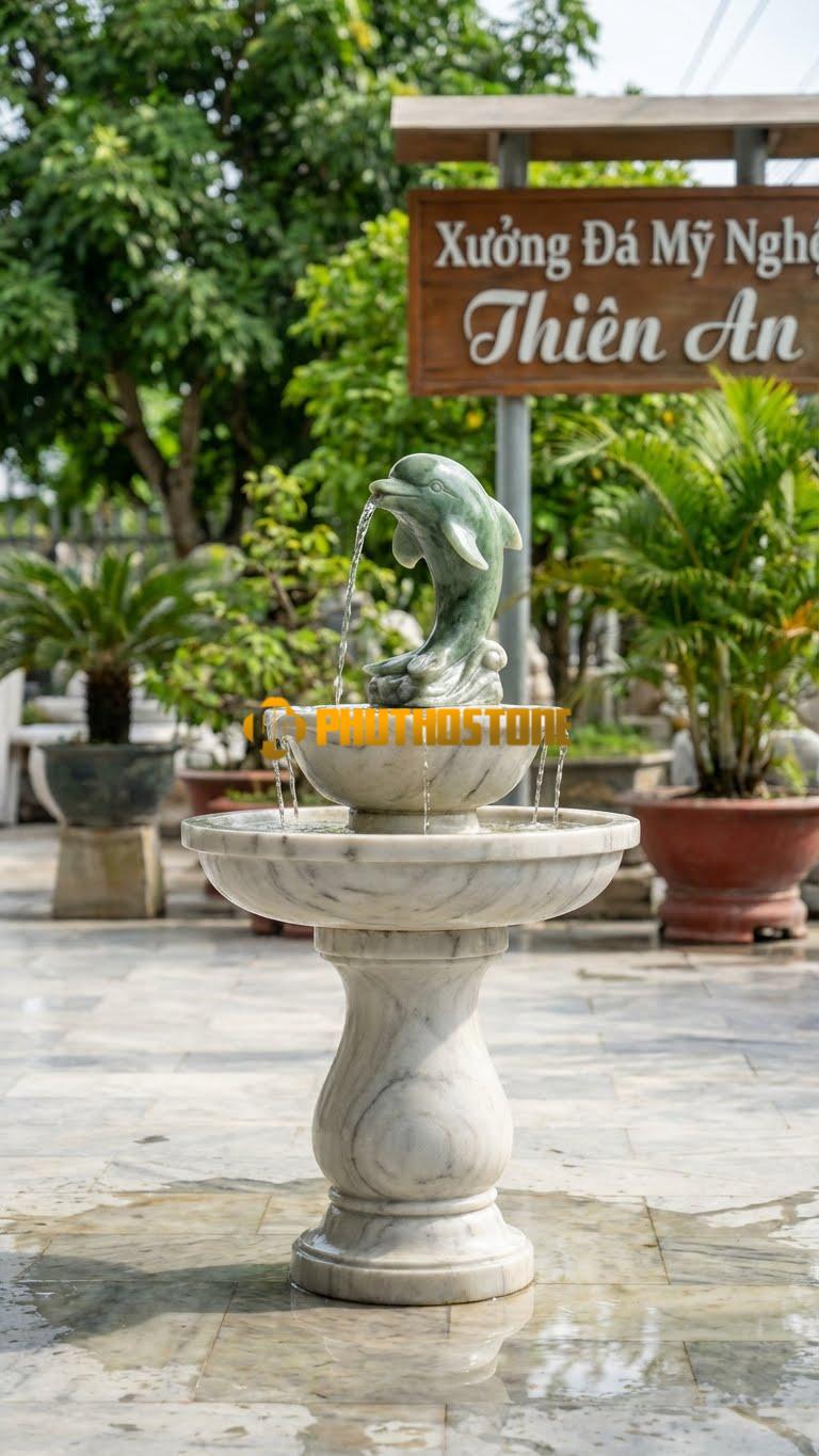 Cá Heo Đá Ngọc Xanh Mini Phun Nước C80cm. Chất Liệu Đá Trắng Xanh