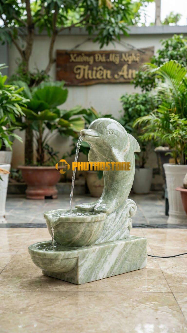 Cá Heo Đá Ngọc Xanh Mini Phun Nước C80cm. Chất Liệu Đá Xanh Ấn