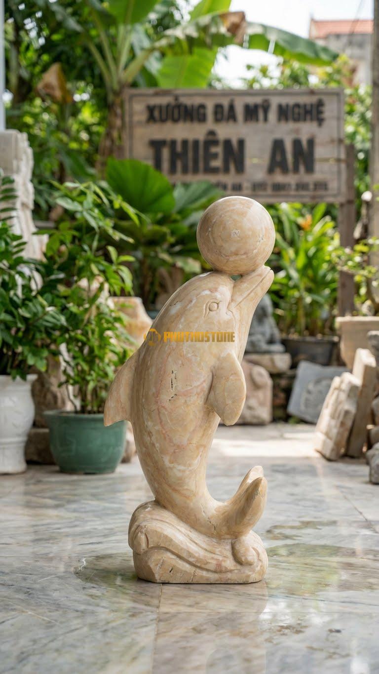 Cá Heo Đẩy Bóng Bằng Đá Vàng Nghệ An, Kiểu Dáng Mũi Đỡ Quả Cầu Đá. Kích Thước Cao 30cm.