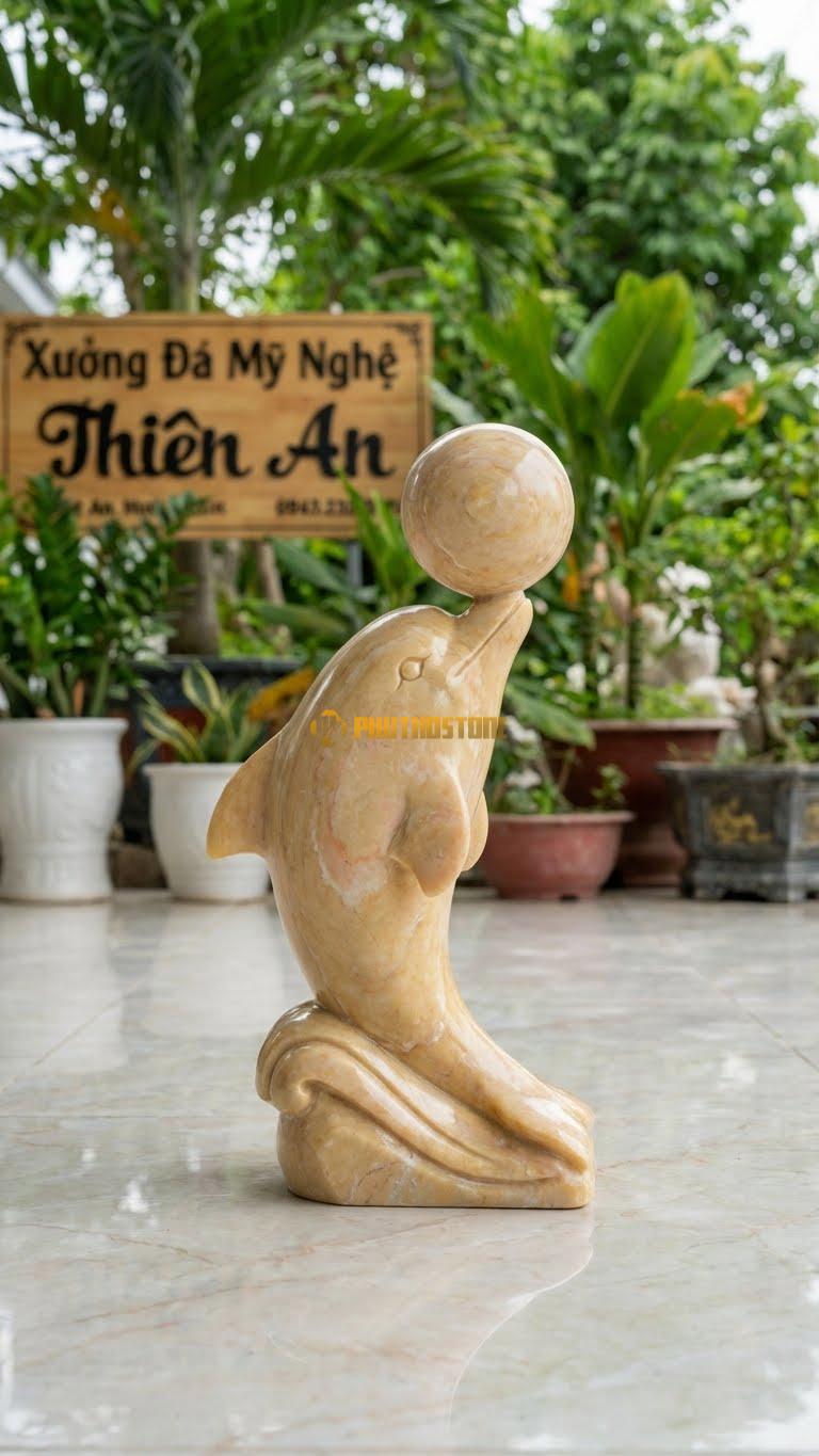 Cá Heo Đẩy Bóng Bằng Đá Vàng Nghệ An, Kiểu Dáng Mũi Đỡ Quả Cầu Đá. Kích Thước Cao 30cm.