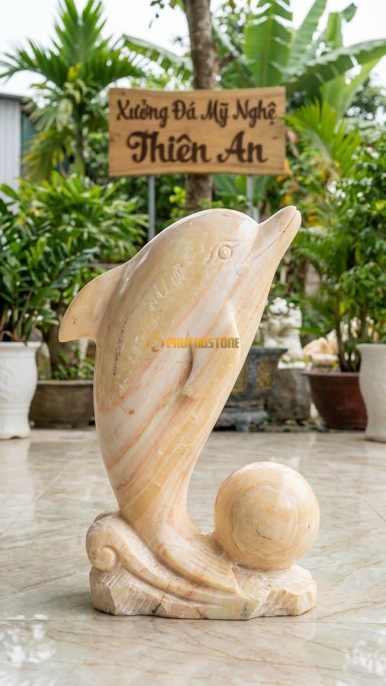 Cá Heo Đẩy Bóng Bằng Đá Vàng Nghệ An, Kiểu Dáng Mũi Đỡ Quả Cầu Đá. Kích Thước Cao 30cm.