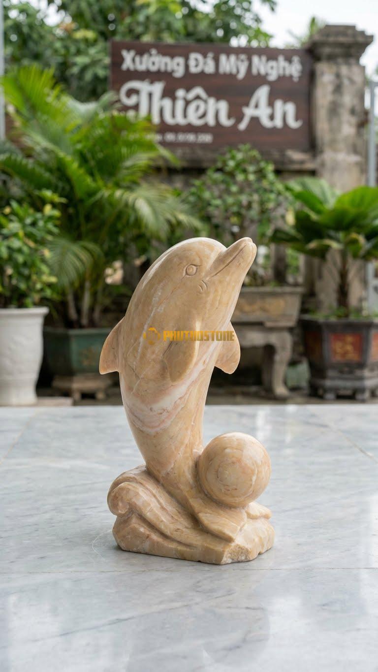 Cá Heo Đẩy Bóng Bằng Đá Vàng Nghệ An, Kiểu Dáng Mũi Đỡ Quả Cầu Đá. Kích Thước Cao 30cm.