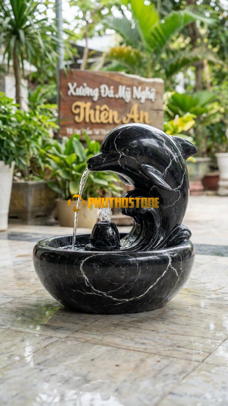 Cá Heo Đơn Nhảy Sóng: Một Chú Cá Heo Đơn Độc Vươn Mình Khỏi Mặt Nước, Miệng Phun Nước Cao. Chất Liệu Đá Đen Tia Chớp