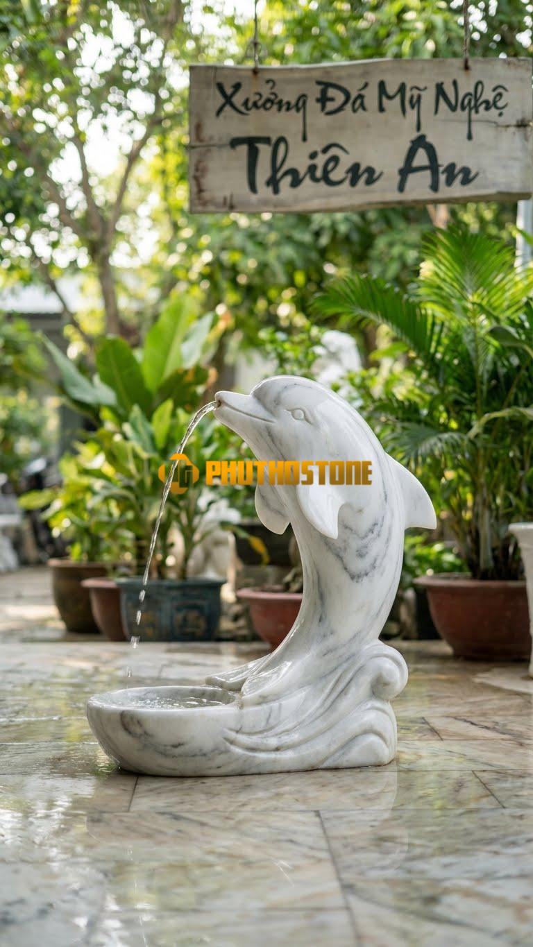 Cá Heo Đơn Nhảy Sóng: Một Chú Cá Heo Đơn Độc Vươn Mình Khỏi Mặt Nước, Miệng Phun Nước Cao. Chất Liệu Đá Trắng Xanh