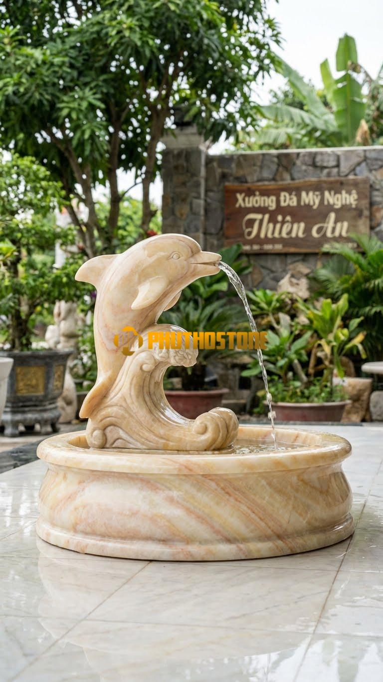 Cá Heo Đơn Nhảy Sóng: Một Chú Cá Heo Đơn Độc Vươn Mình Khỏi Mặt Nước, Miệng Phun Nước Cao. Chất Liệu Đá Vàng Nghệ An