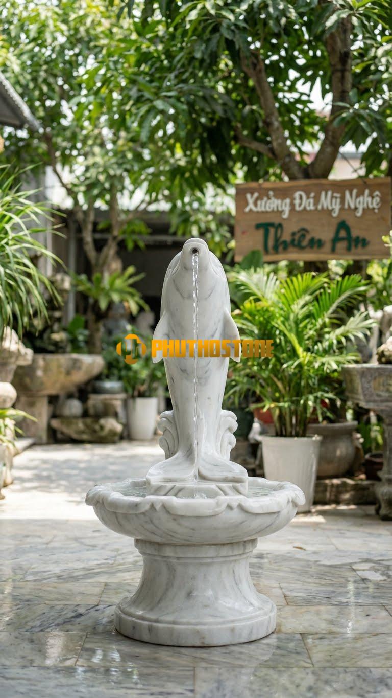 Cá Heo Đứng Thẳng Trên Đuôi: Tượng Đứng Vươn Cao, Tạo Cột Nước Thẳng Đứng Mạnh Mẽ. Chất Liệu Đá Trắng Xanh