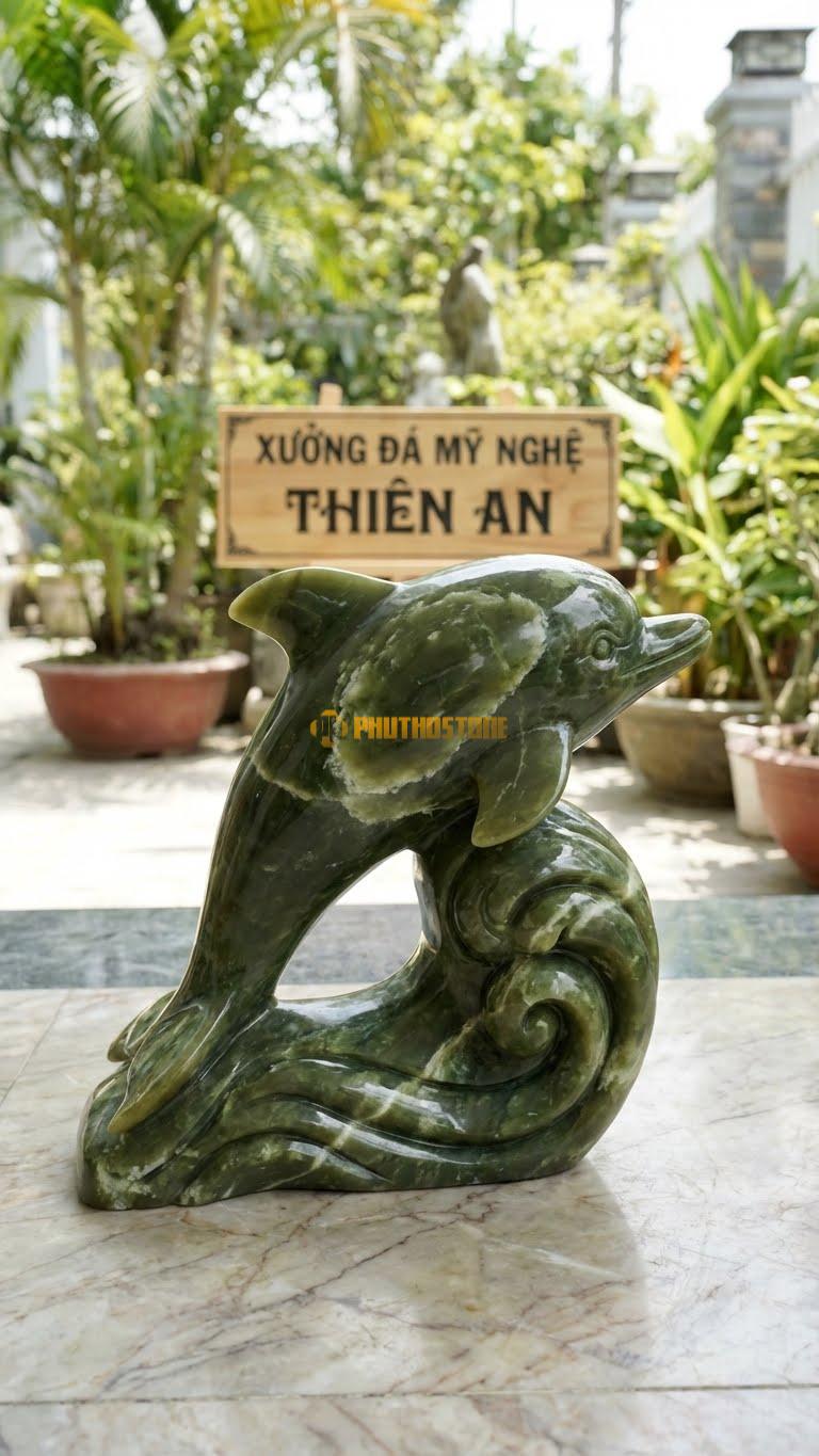 Cá Heo Lướt Sóng Bằng Đá Serpentine, Kiểu Dáng Đế Hình Sóng Nước Cuộn. Kích Thước Dài 35cm.