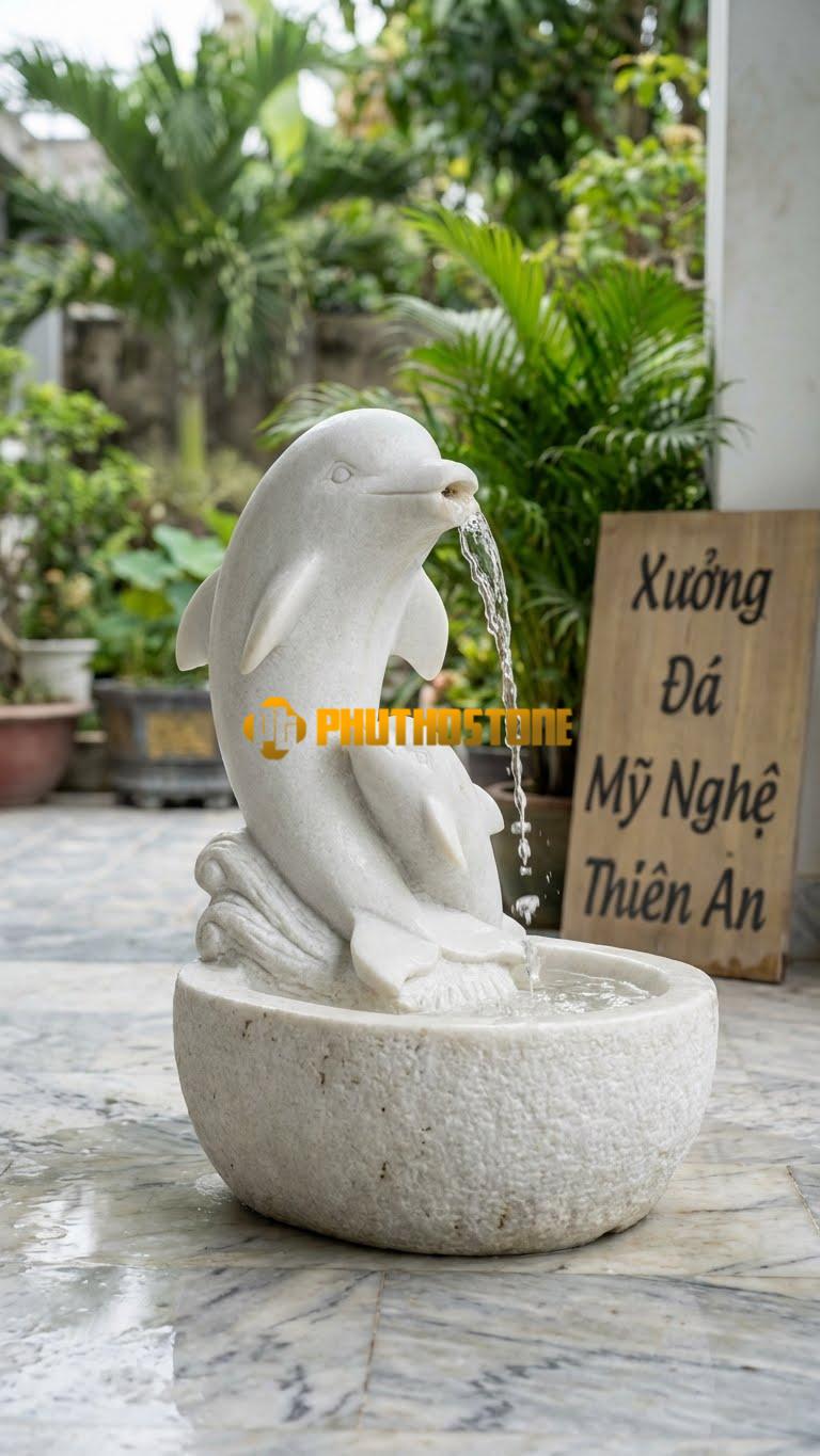 Cá Heo Mẹ Bồng Con: Hình Ảnh Cá Heo Lớn Và Cá Heo Nhỏ Quấn Quýt, Tượng Trưng Cho Tình Mẫu Tử. Chất Liệu Đá Trắng Muối