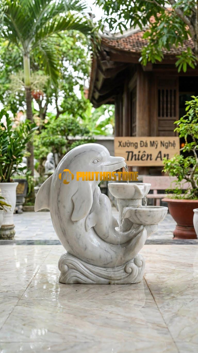 Cá Heo Mẹ Bồng Con: Hình Ảnh Cá Heo Lớn Và Cá Heo Nhỏ Quấn Quýt, Tượng Trưng Cho Tình Mẫu Tử. Chất Liệu Đá Trắng Xanh