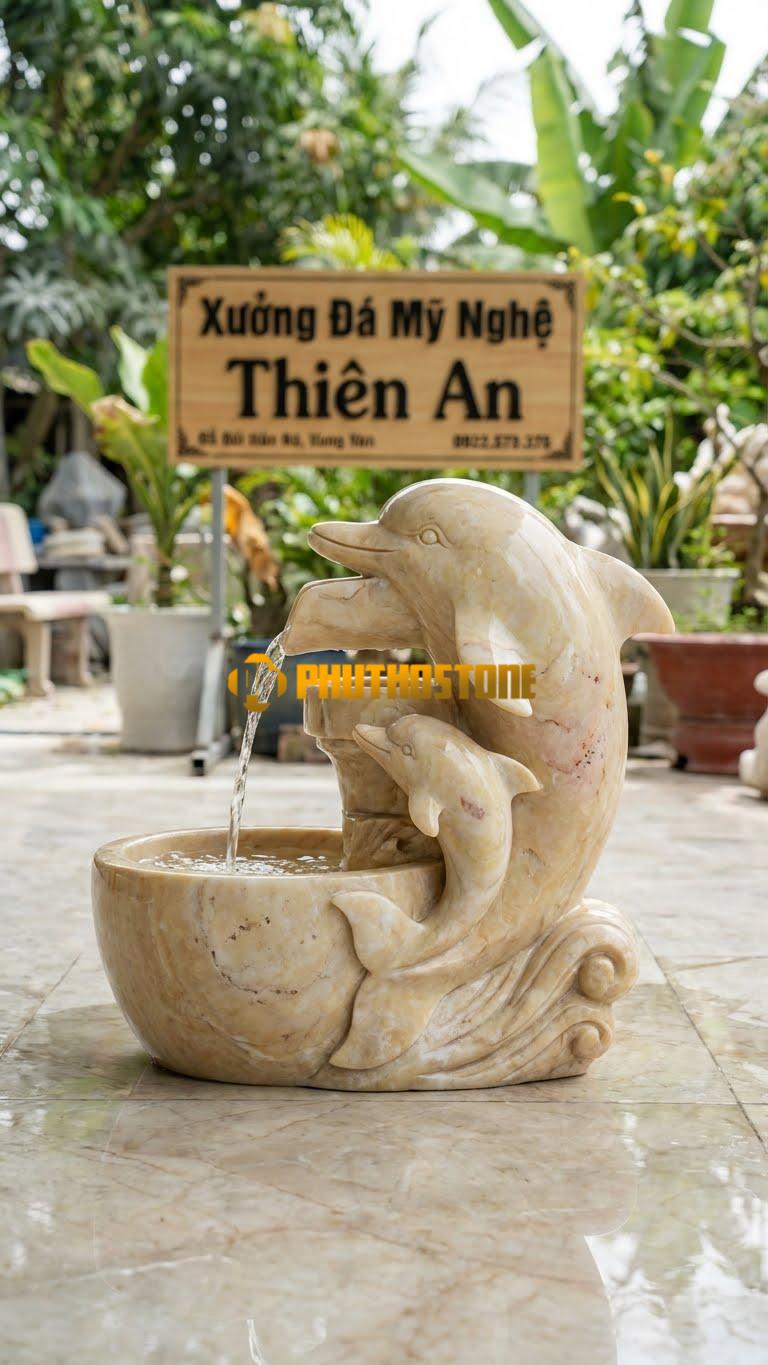 Cá Heo Mẹ Bồng Con: Hình Ảnh Cá Heo Lớn Và Cá Heo Nhỏ Quấn Quýt, Tượng Trưng Cho Tình Mẫu Tử. Chất Liệu Đá Vàng Nghệ An
