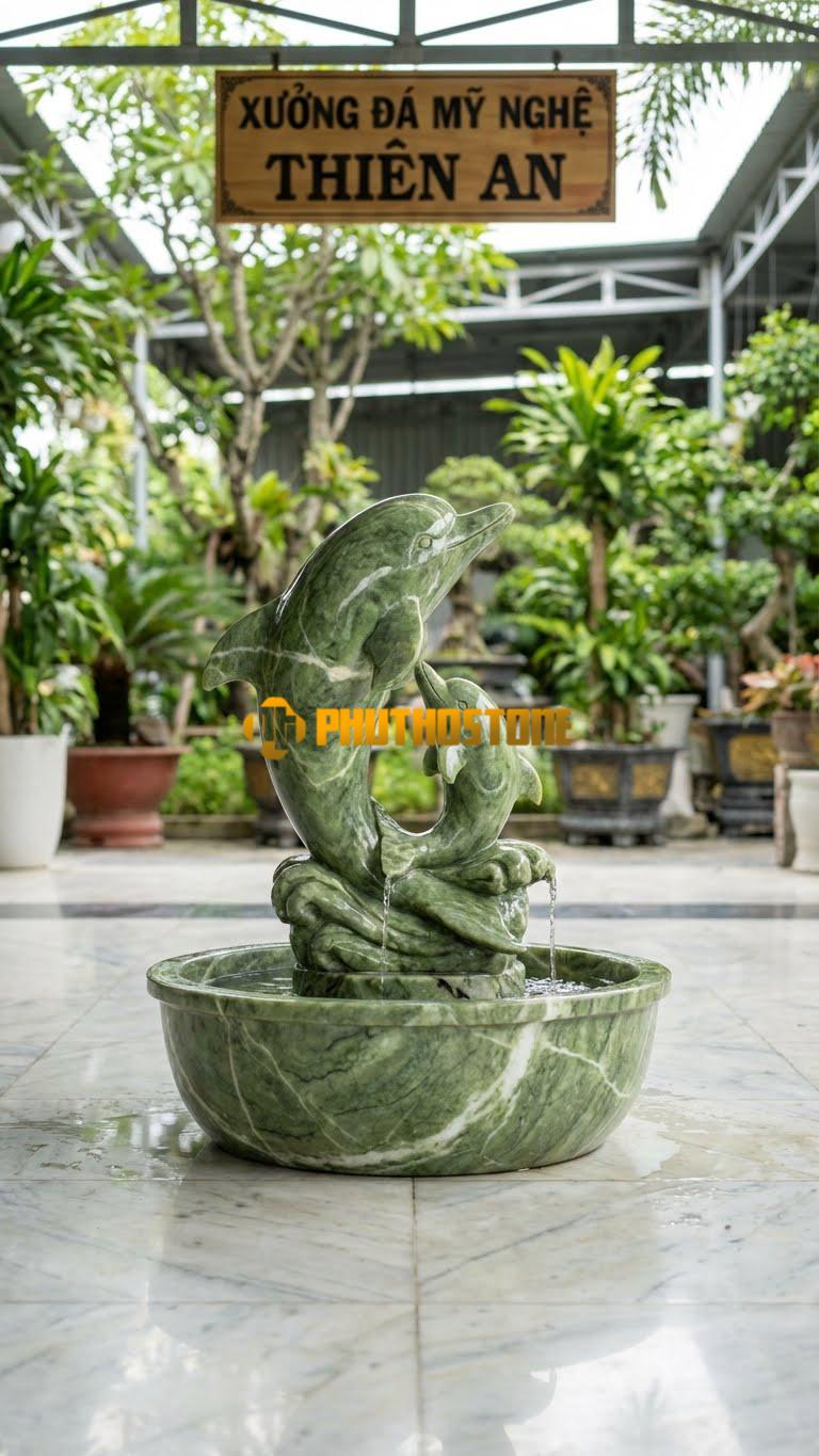 Cá Heo Mẹ Bồng Con: Hình Ảnh Cá Heo Lớn Và Cá Heo Nhỏ Quấn Quýt, Tượng Trưng Cho Tình Mẫu Tử. Chất Liệu Đá Xanh Ấn