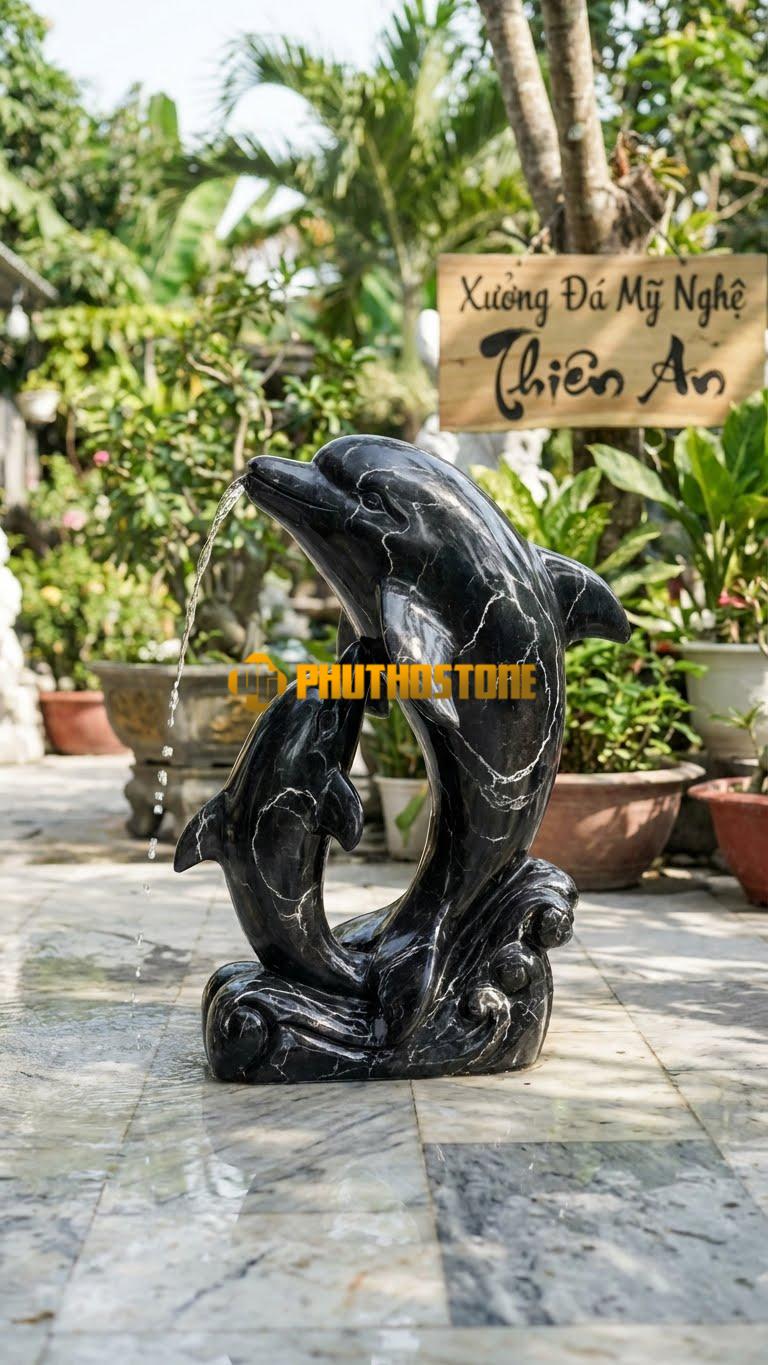 Cá Heo Mẹ Con Phun Nước C1.3M. Chất Liệu Đá Đen Tia Chớp