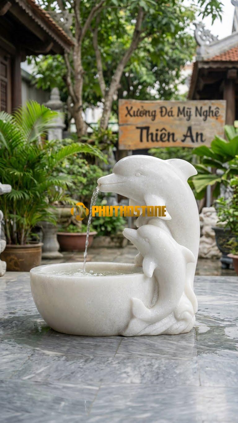 Cá Heo Mẹ Con Phun Nước C1.3M. Chất Liệu Đá Trắng Muối
