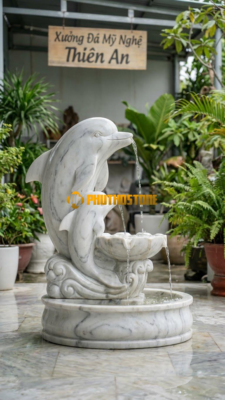 Cá Heo Mẹ Con Phun Nước C1.3M. Chất Liệu Đá Trắng Xanh