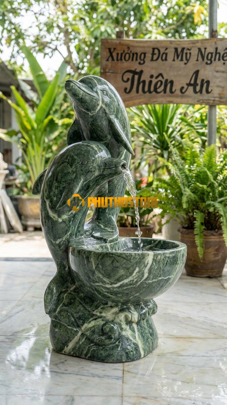 Cá Heo Mẹ Con Phun Nước C1.3M. Chất Liệu Đá Xanh Ấn