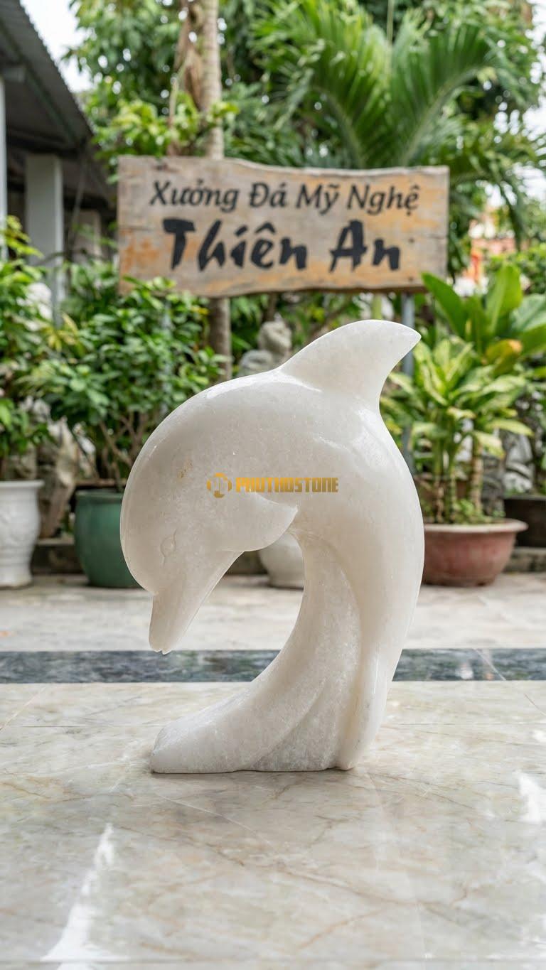 Cá Heo Nhảy (Cong Mình) Bằng Đá Trắng Muối, Kiểu Dáng Mũi Hướng Xuống, Đuôi Hướng Lên. Kích Thước Cao 35cm.