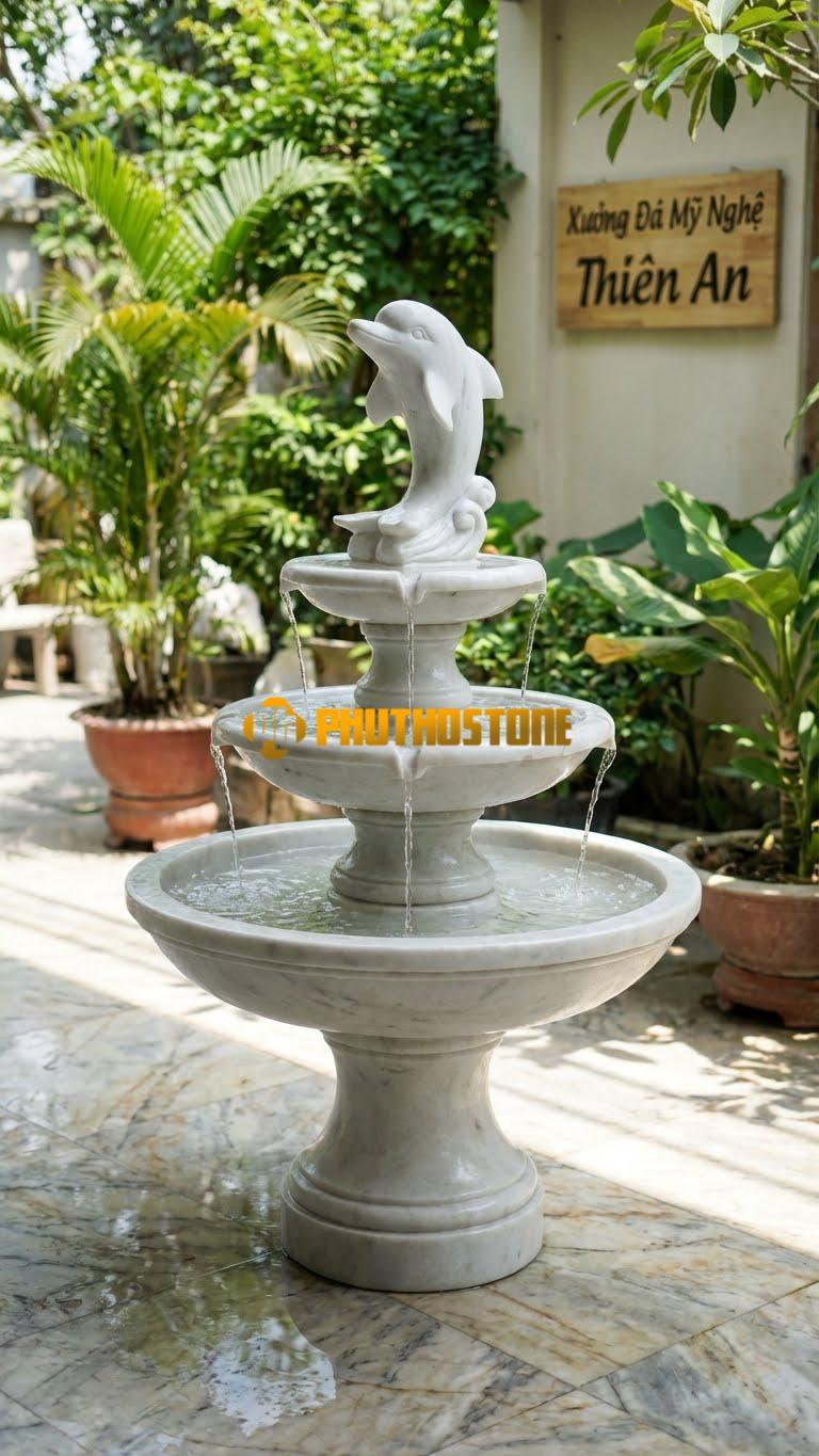 Cá Heo Phun Nước Đỉnh Tháp 3 Tầng: Tượng Cá Heo Đặt Trên Cùng, Nước Tràn Qua Các Tầng Đĩa Đá Bên Dưới. Chất Liệu Đá Trắng Xanh