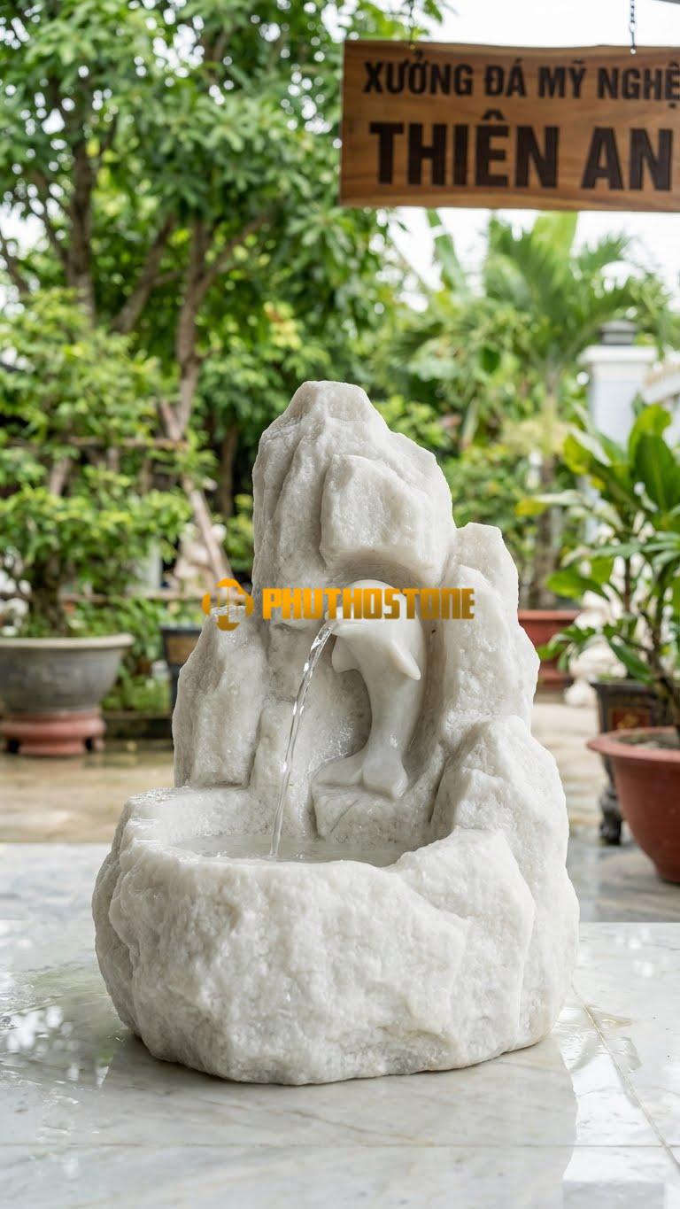 Cá Heo Phun Nước Từ Hốc Đá: Thiết Kế Dạng Thác Nước Đá Tự Nhiên (Hòn Non Bộ) Có Tượng Cá Heo Ẩn Hiện. Chất Liệu Đá Trắng Muối