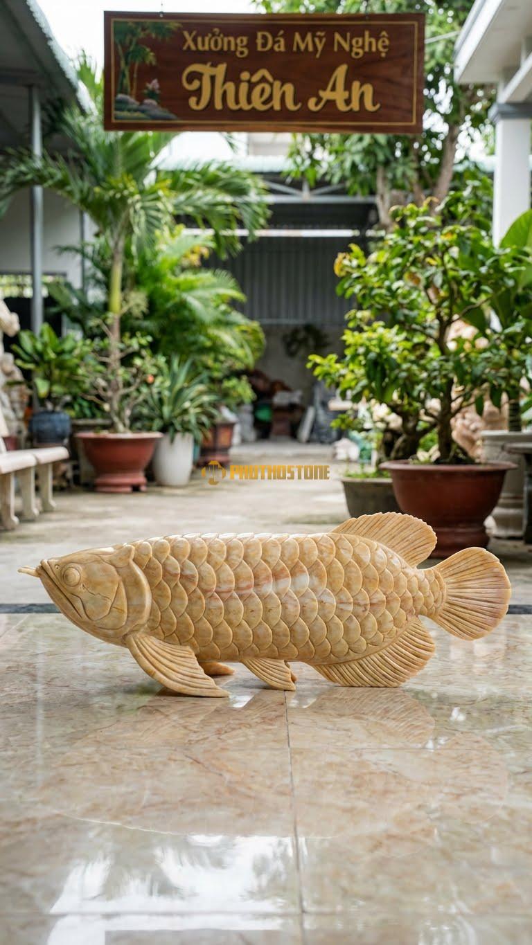 Cá Rồng Khắc Vảy Rõ Nét Bằng Đá Vàng Nghệ An, Kiểu Dáng Tỉ Mỉ Từng Vảy (Hàng Cao Cấp). Kích Thước Dài 60cm.