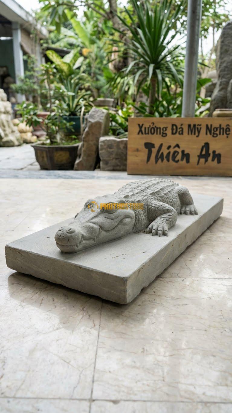 Cá Sấu Nổi (Lurking) Bằng Đá Sa Thạch, Kiểu Dáng Chỉ Tạc Phần Đầu Và Lưng Nổi Trên Mặt Đá Phẳng. Kích Thước Dài 50cm.
