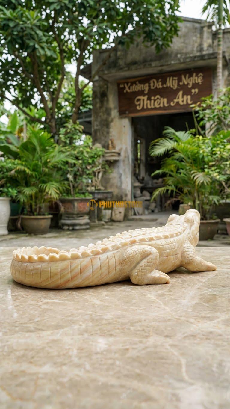 Cá Sấu Tắm Nắng Bằng Đá Vàng Nghệ An, Kiểu Dáng Nằm Cong Đuôi. Kích Thước Dài 40cm.