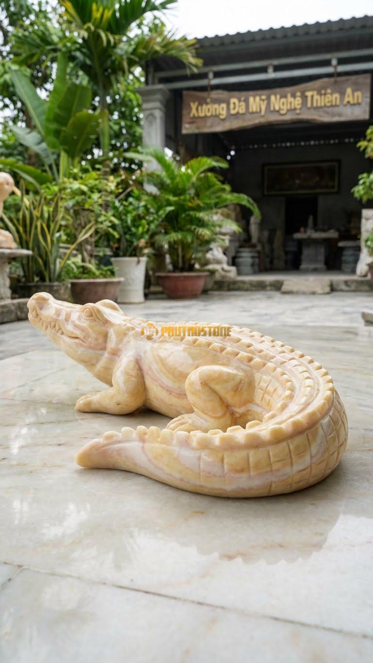 Cá Sấu Tắm Nắng Bằng Đá Vàng Nghệ An, Kiểu Dáng Nằm Cong Đuôi. Kích Thước Dài 40cm.