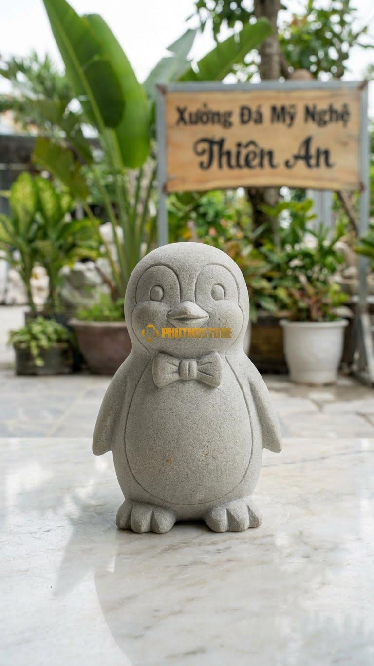 Cánh Cụt Đeo Nơ Bằng Đá Sa Thạch, Kiểu Dáng Phong Cách Hoạt Hình. Kích Thước Cao 15cm.