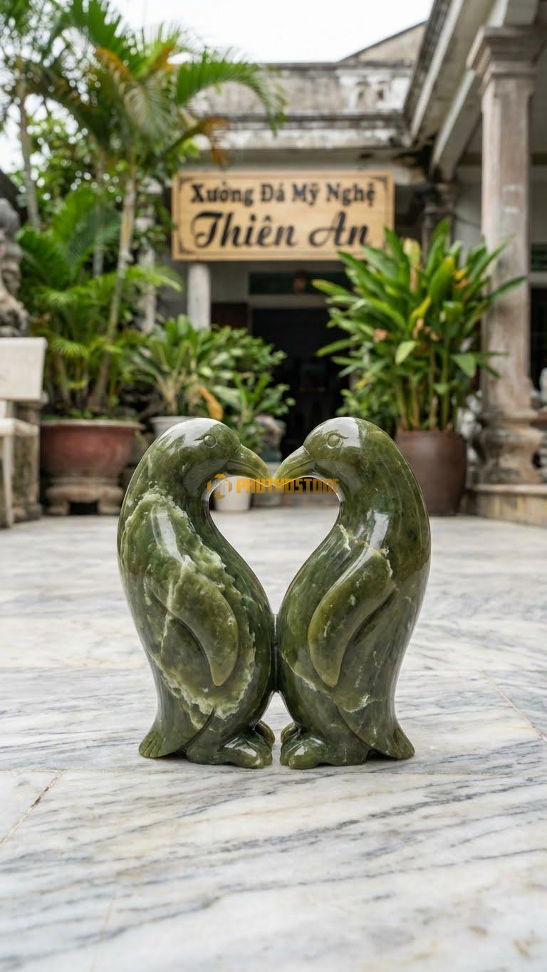 Cánh Cụt Tình Yêu Bằng Đá Serpentine, Kiểu Dáng Hai Con Tạo Hình Trái Tim. Kích Thước Cao 20cm.