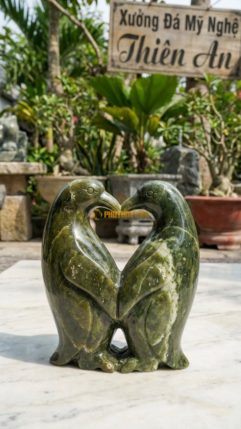 Cánh Cụt Tình Yêu Bằng Đá Serpentine, Kiểu Dáng Hai Con Tạo Hình Trái Tim. Kích Thước Cao 20cm.