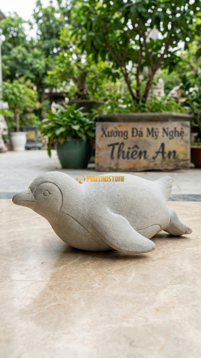 Cánh Cụt Trượt Băng Bằng Đá Sa Thạch, Kiểu Dáng Nằm Trượt Bằng Bụng. Kích Thước Dài 25cm.