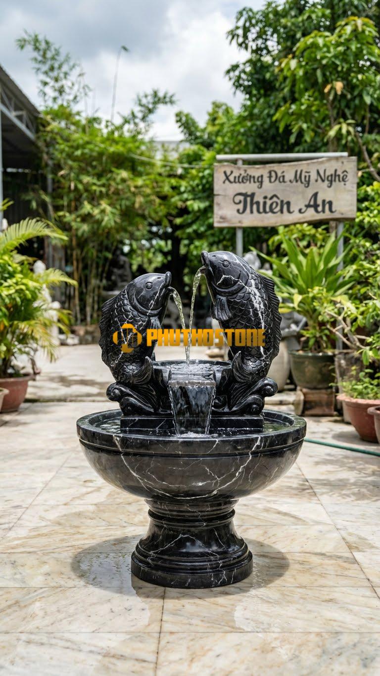 Cặp Cá Chép Song Ngư Nhạt C90cm. Chất Liệu Đá Đen Tia Chớp