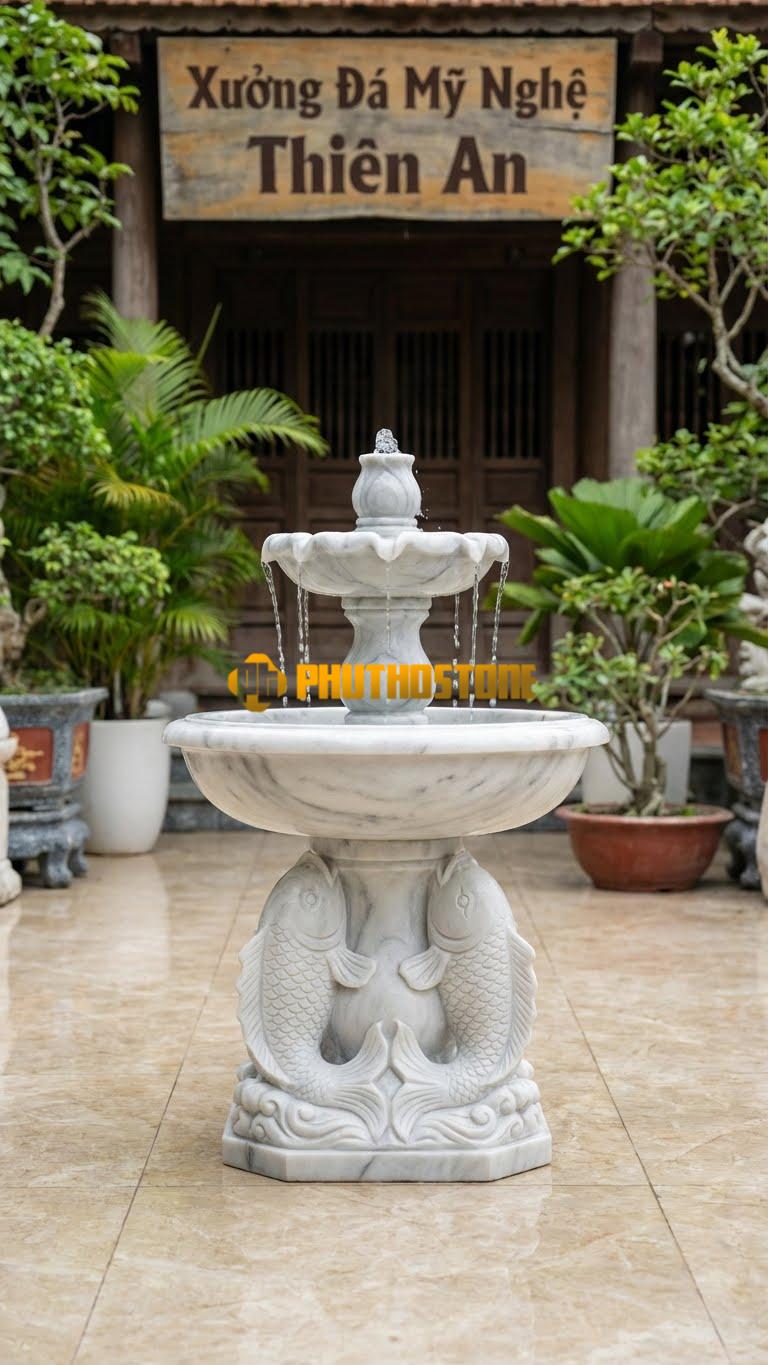 Cặp Cá Chép Song Ngư Nhạt C90cm. Chất Liệu Đá Trắng Xanh
