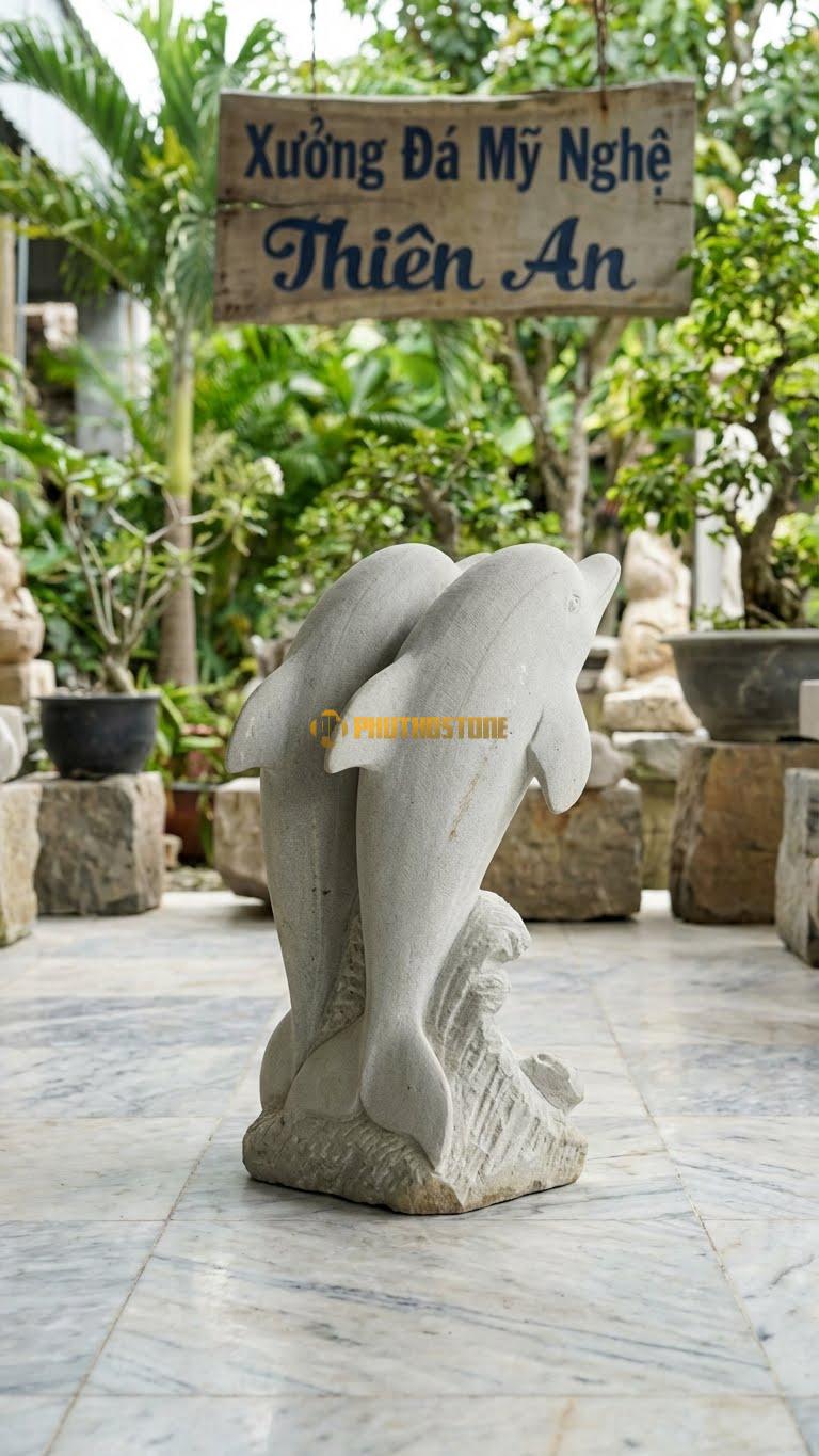Cặp Cá Heo Song Hành Bằng Đá Sa Thạch, Kiểu Dáng Hai Con Nhảy Cùng Nhau. Kích Thước Cao 40cm.