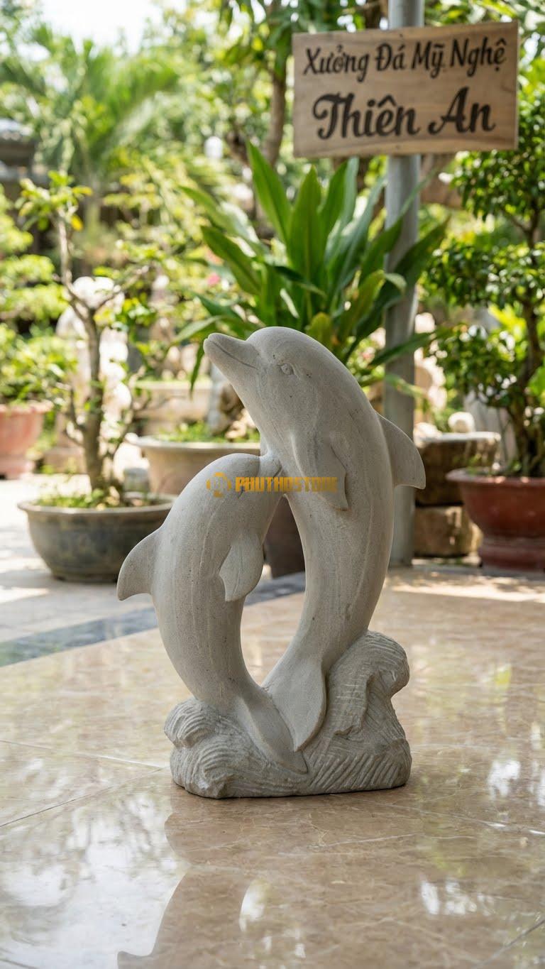 Cặp Cá Heo Song Hành Bằng Đá Sa Thạch, Kiểu Dáng Hai Con Nhảy Cùng Nhau. Kích Thước Cao 40cm.