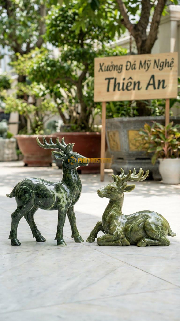 Cặp Hươu Tài Lộc Bằng Đá Serpentine, Kiểu Dáng Một Đứng, Một Nằm. Kích Thước Cao 45cm/Con.