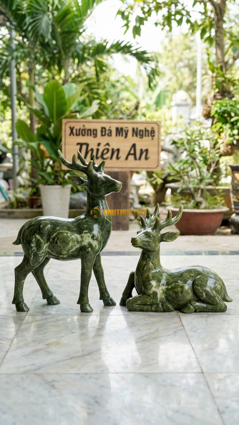 Cặp Hươu Tài Lộc Bằng Đá Serpentine, Kiểu Dáng Một Đứng, Một Nằm. Kích Thước Cao 45cm/Con.