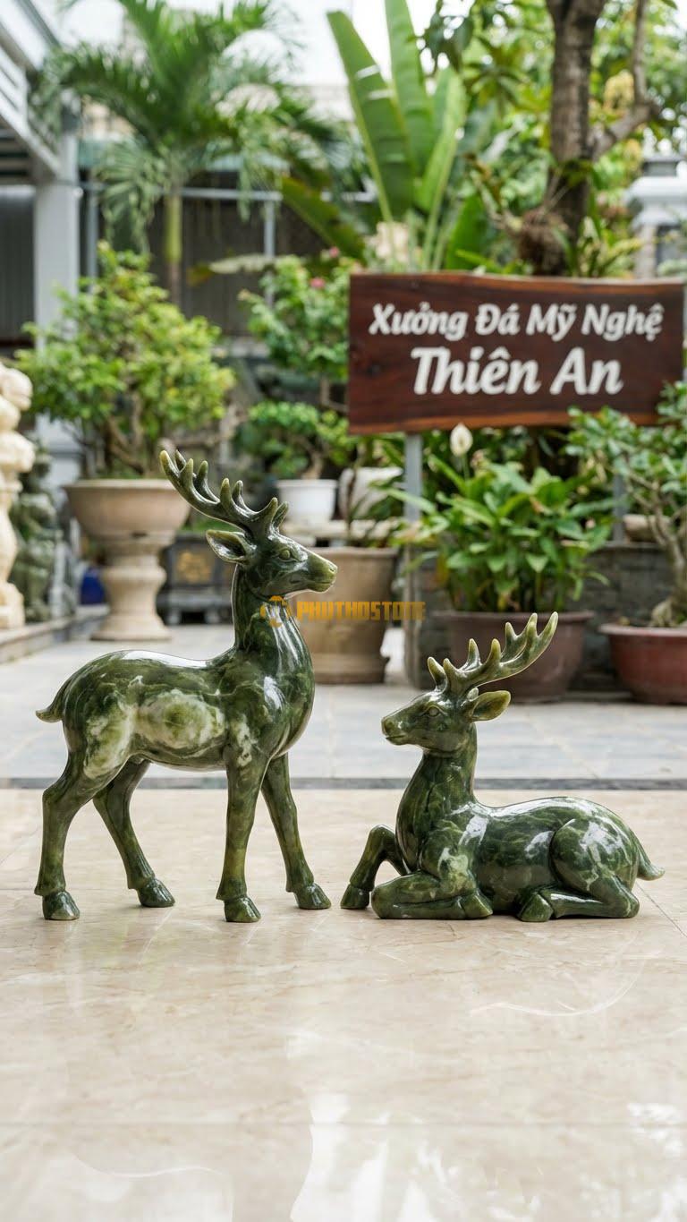 Cặp Hươu Tài Lộc Bằng Đá Serpentine, Kiểu Dáng Một Đứng, Một Nằm. Kích Thước Cao 45cm/Con.